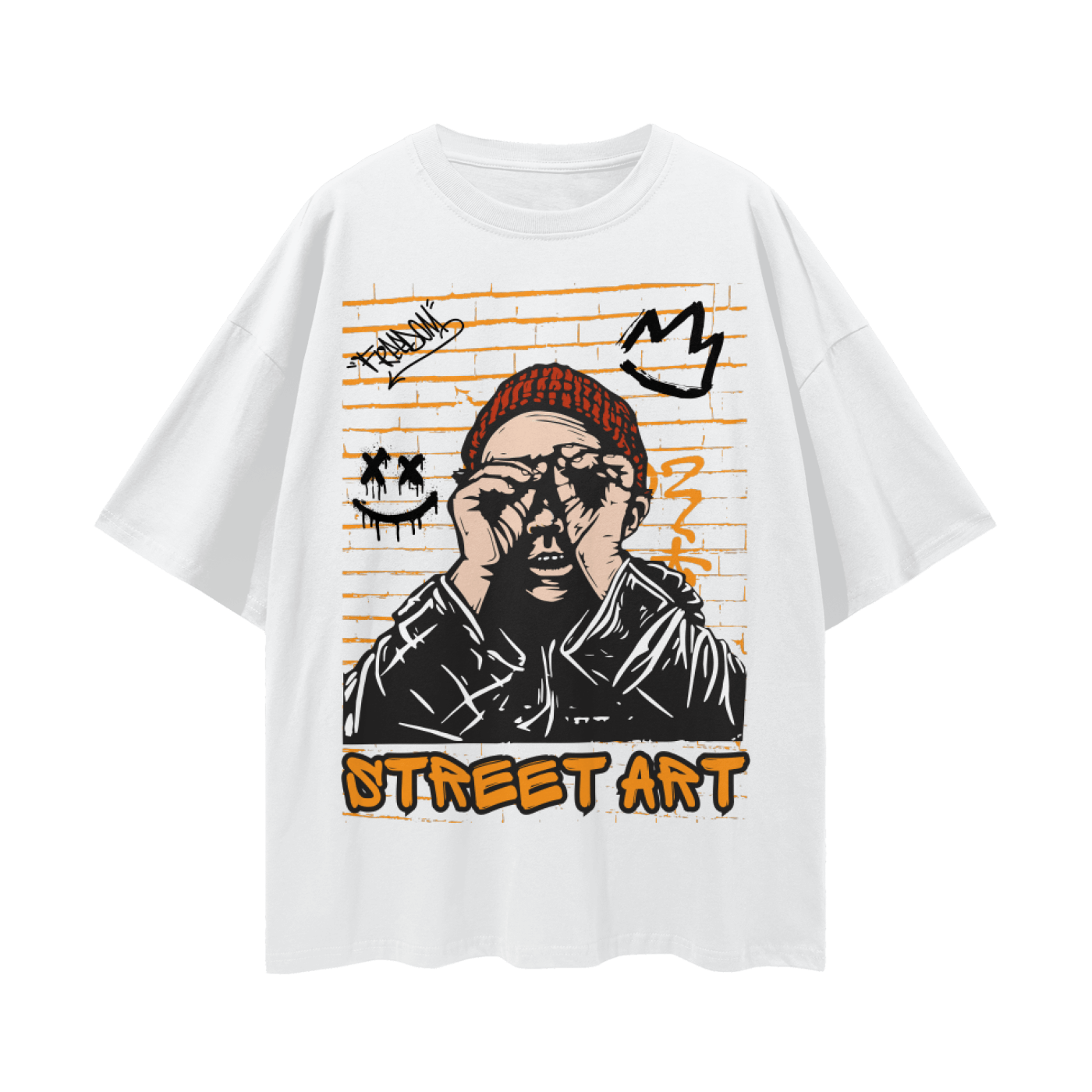 White t-shirt with street art design featuring a graphic of a person with a crown and text on a white background.