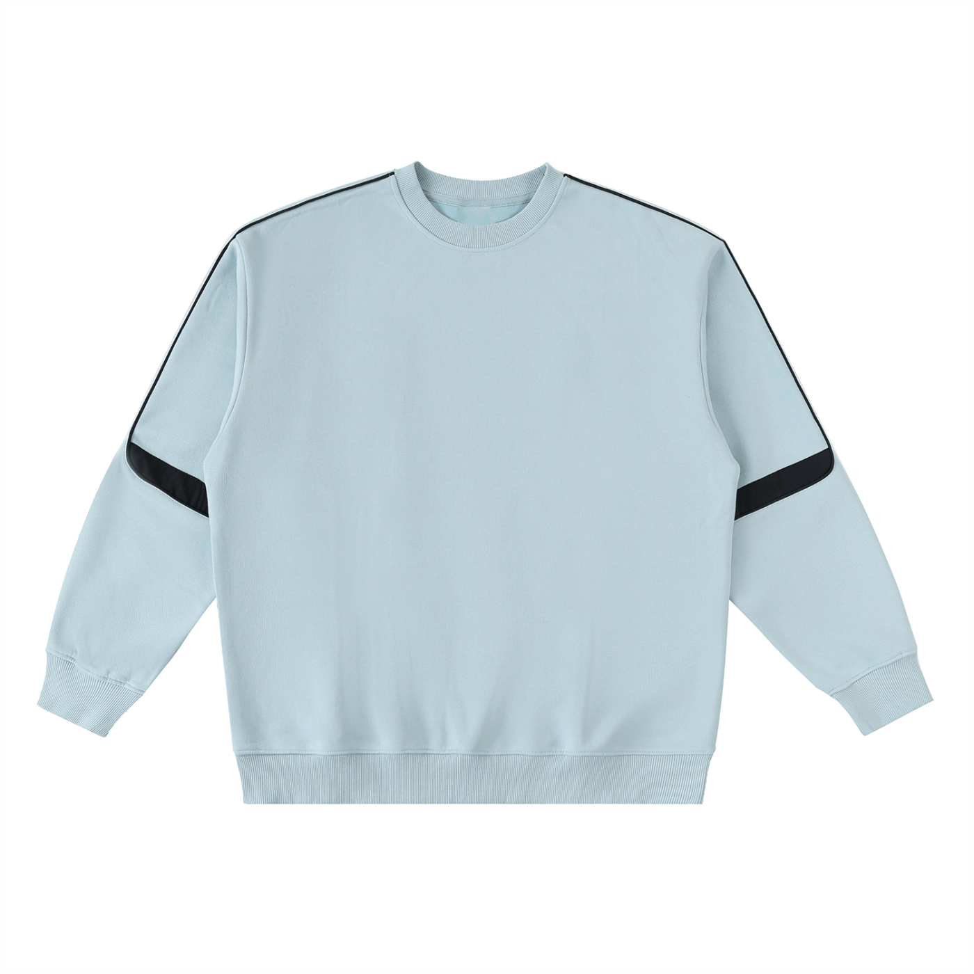 Light blue sweatshirt with black stripes on sleeves and sides on a white background
