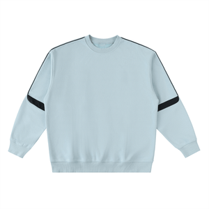 Light blue sweatshirt with black stripes on sleeves and sides on a white background