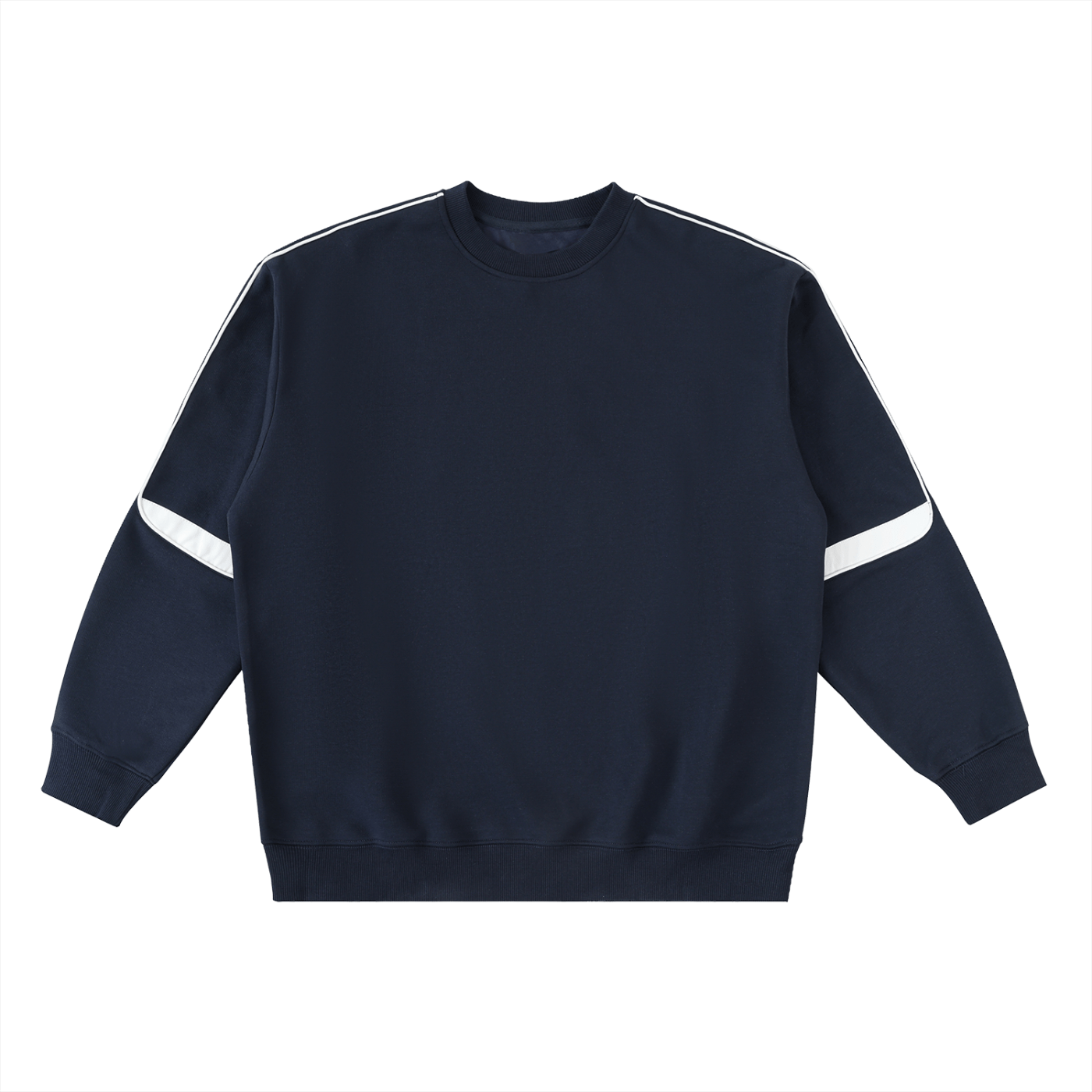 Navy blue sweatshirt with white stripes on sleeves against a white background