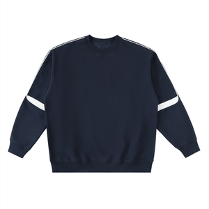 Navy blue sweatshirt with white stripes on sleeves against a white background