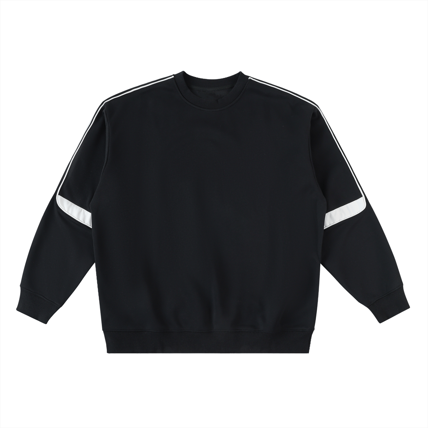 Black sweatshirt with white stripes on sleeves against a white background
