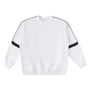 White sweatshirt with black stripes on sleeves and collar against a white background