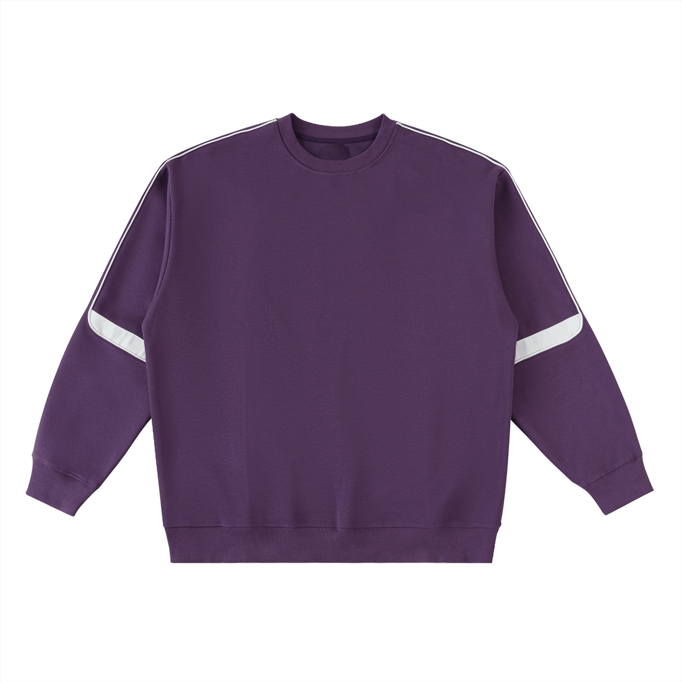 Purple sweatshirt with white stripes on sleeves against a white background