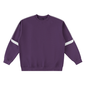 Purple sweatshirt with white stripes on sleeves against a white background