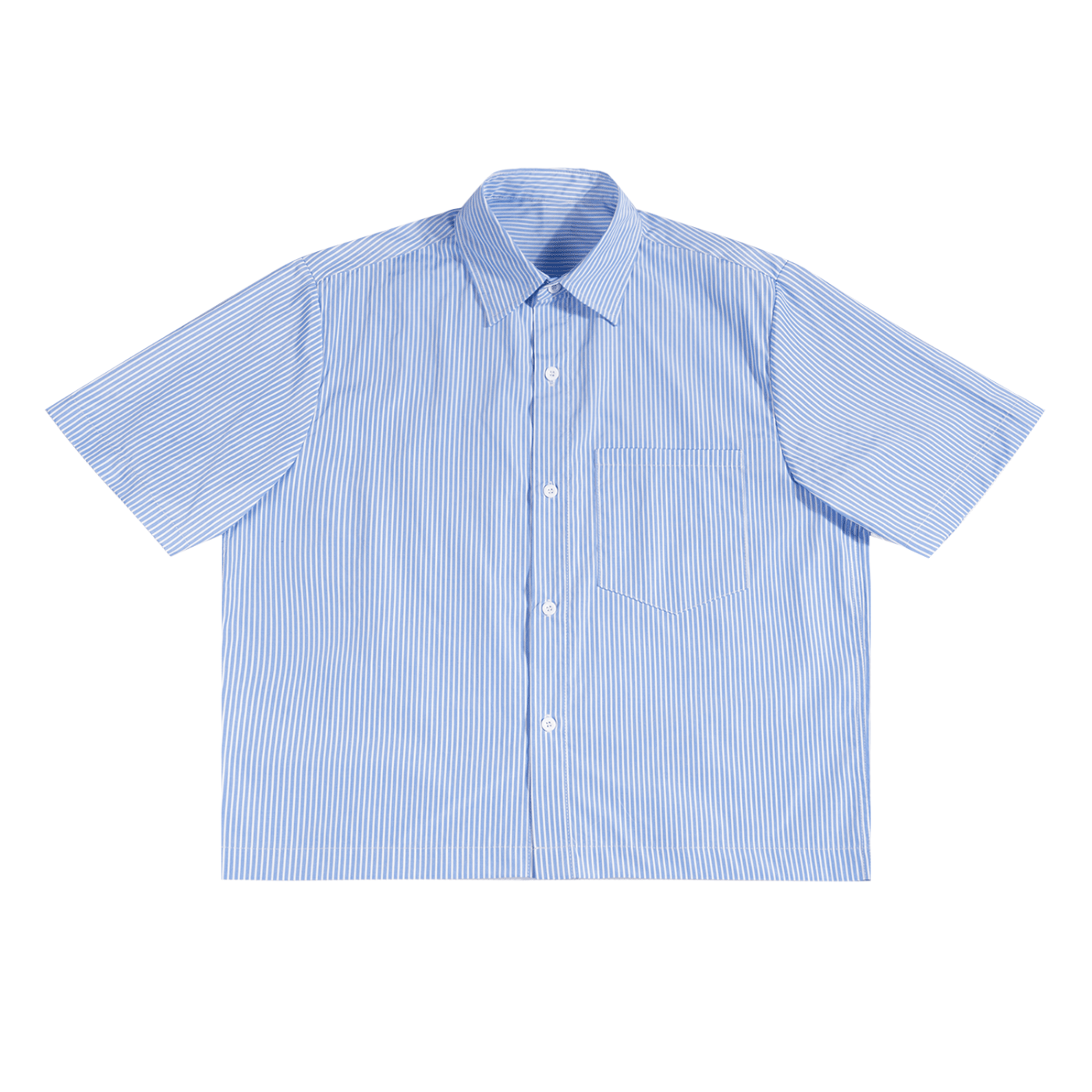 Blue and white striped short-sleeve shirt on a white background
