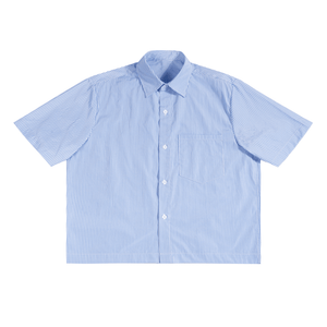 Blue and white striped short-sleeve shirt on a white background
