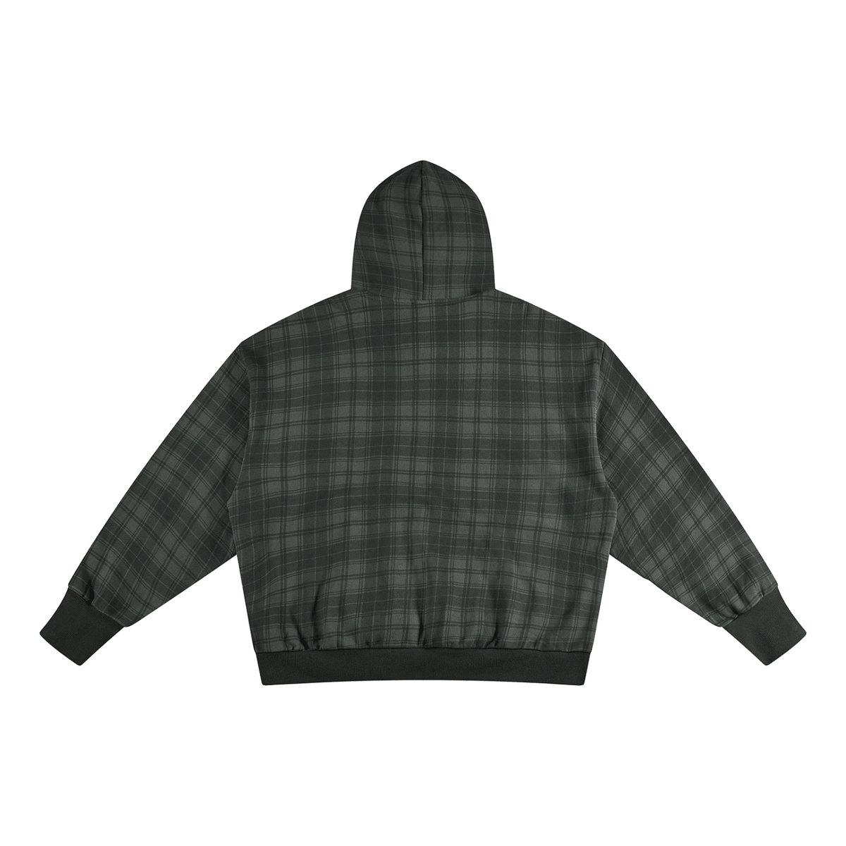 A dark green and black plaid hooded sweatshirt shown from the back, laid flat against a solid white background.