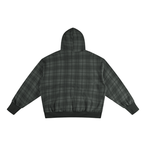 A dark green and black plaid hooded sweatshirt shown from the back, laid flat against a solid white background.