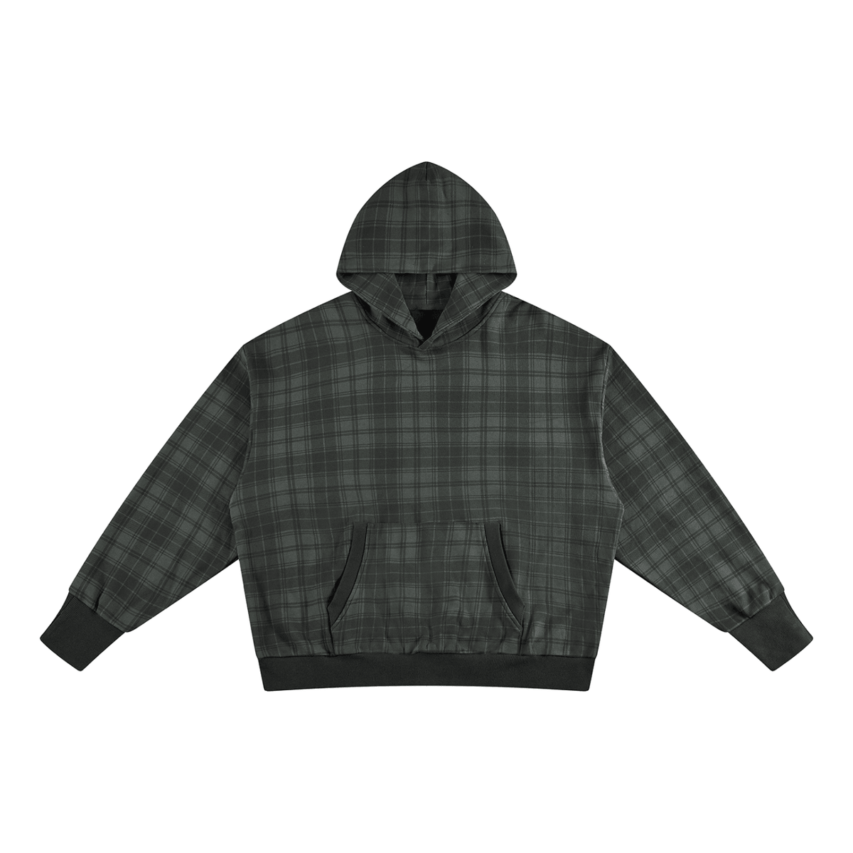 A dark gray and black plaid pullover hoodie with a white Threshold logo on the chest, displayed flat against a solid white background.