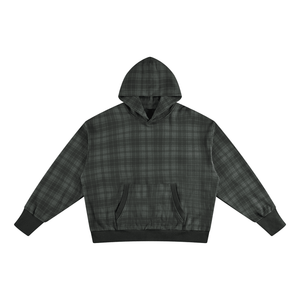 A dark gray and black plaid pullover hoodie with a white Threshold logo on the chest, displayed flat against a solid white background.