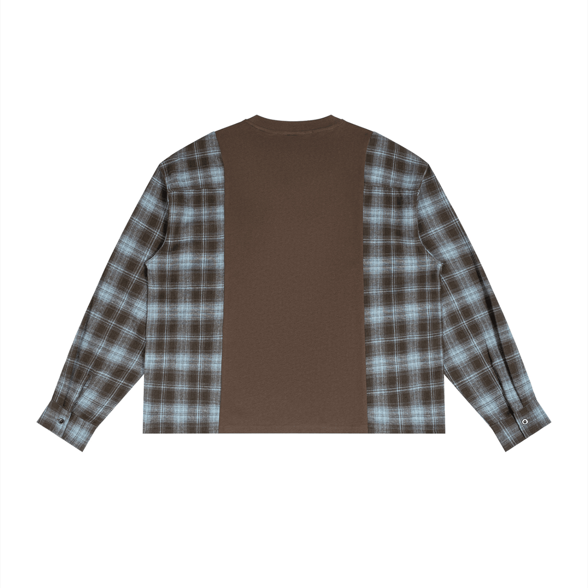 A long-sleeve shirt shown from the back, featuring a solid brown center panel and brown, gray, and light blue plaid fabric on the sleeves, set against a plain white background.