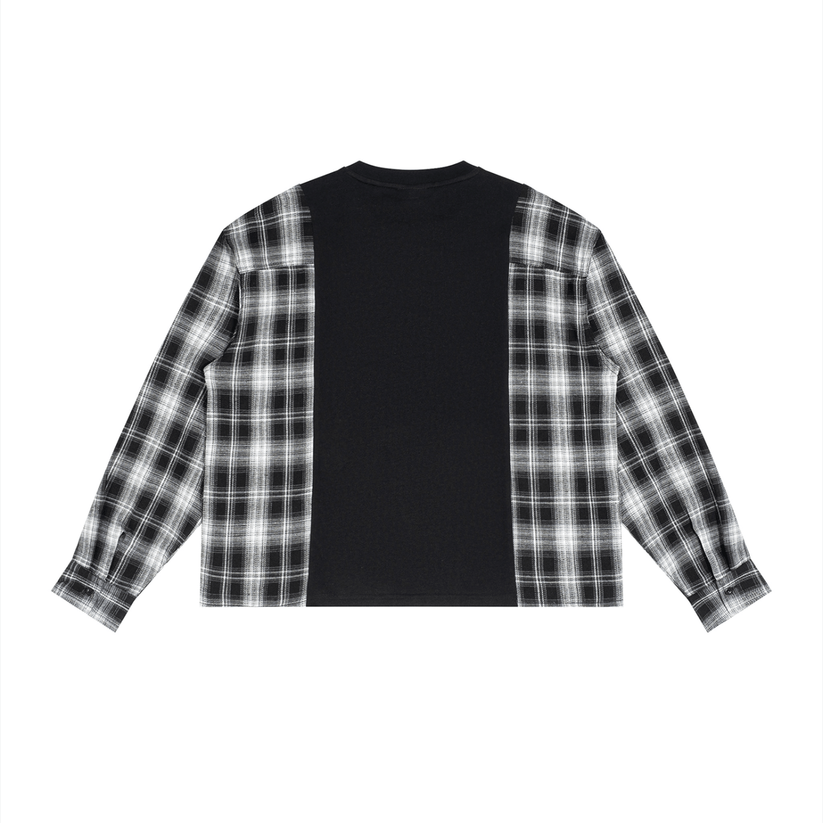 A long-sleeve cropped shirt with a black center panel and black-and-white plaid sleeves, shown flat against a white background.