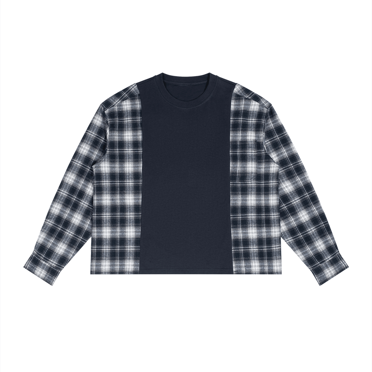 A long-sleeve crewneck shirt with a solid navy blue center panel and black-and-white plaid sleeves, featuring a small white 'emilygrant' logo on the chest, displayed flat against a white background.