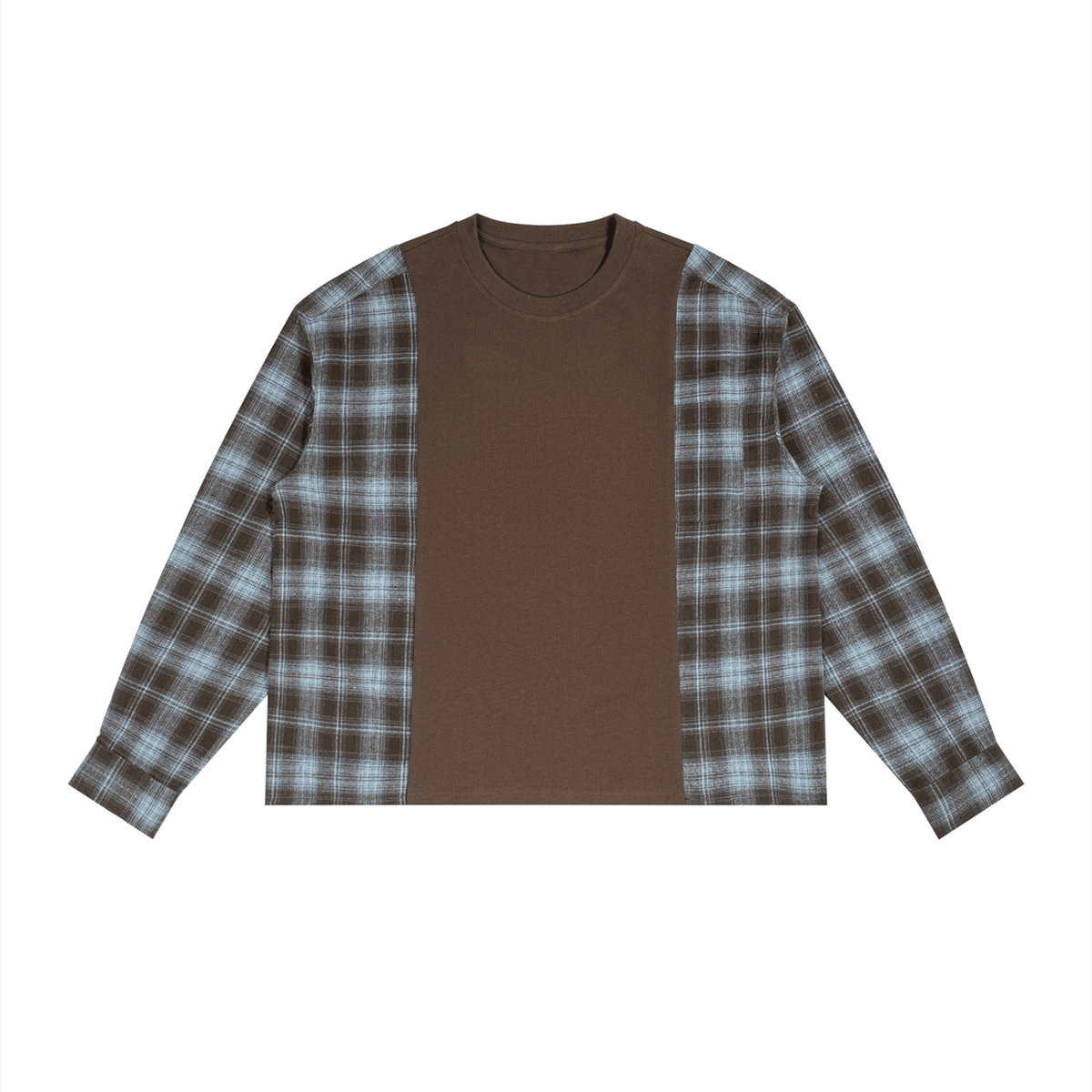 A long-sleeve crewneck shirt with a solid brown center panel and brown-and-blue plaid fabric on the sleeves, shown flat against a white background.