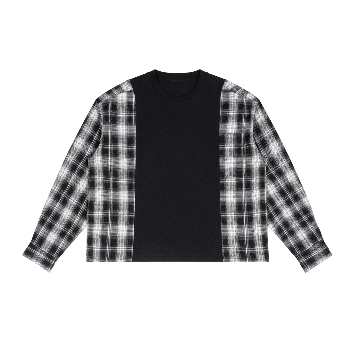 A long-sleeve crop top featuring a solid black center panel and black-and-white plaid patterned sleeves, laid flat on a white background.