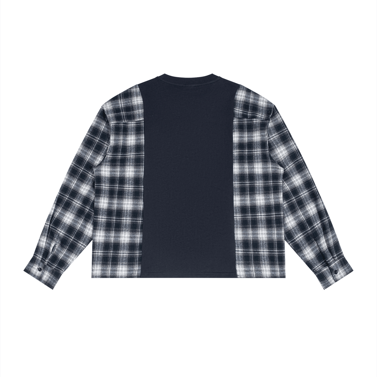 A long-sleeve button-up shirt with a navy blue solid center panel and black-and-white plaid sleeves, shown flat against a white background.