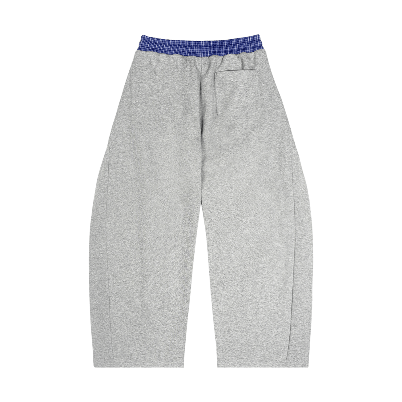 Gray sweatpants with blue waistband on a white background