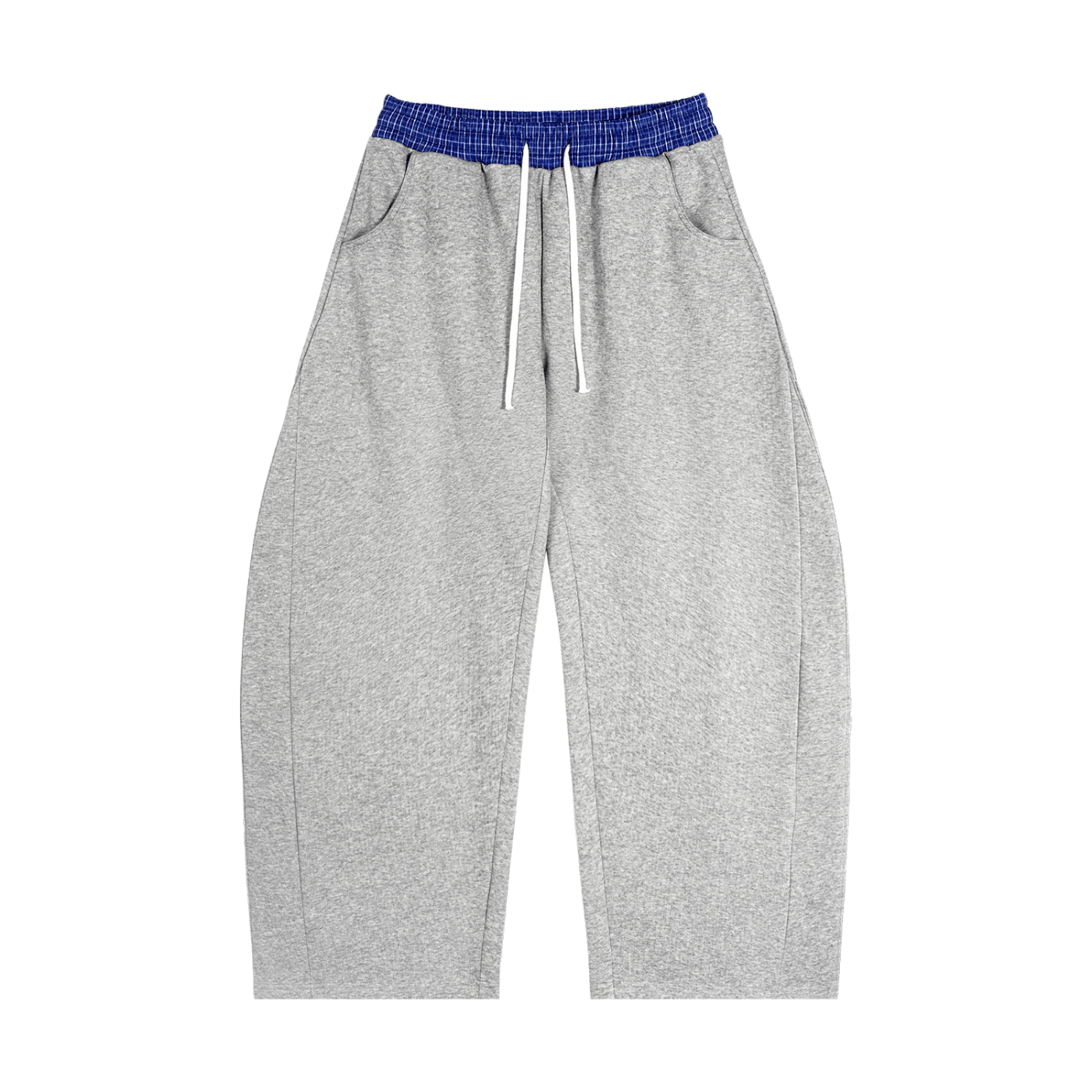 Gray sweatpants with a blue waistband on a white background