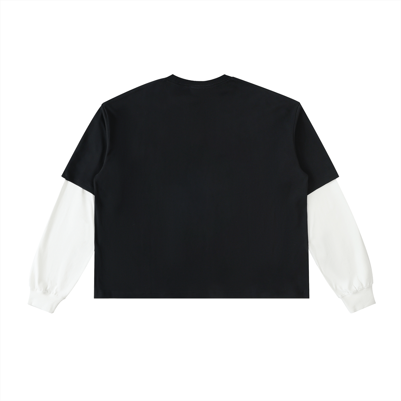 Black t-shirt with white sleeves on a white background