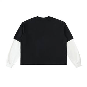 Black t-shirt with white sleeves on a white background