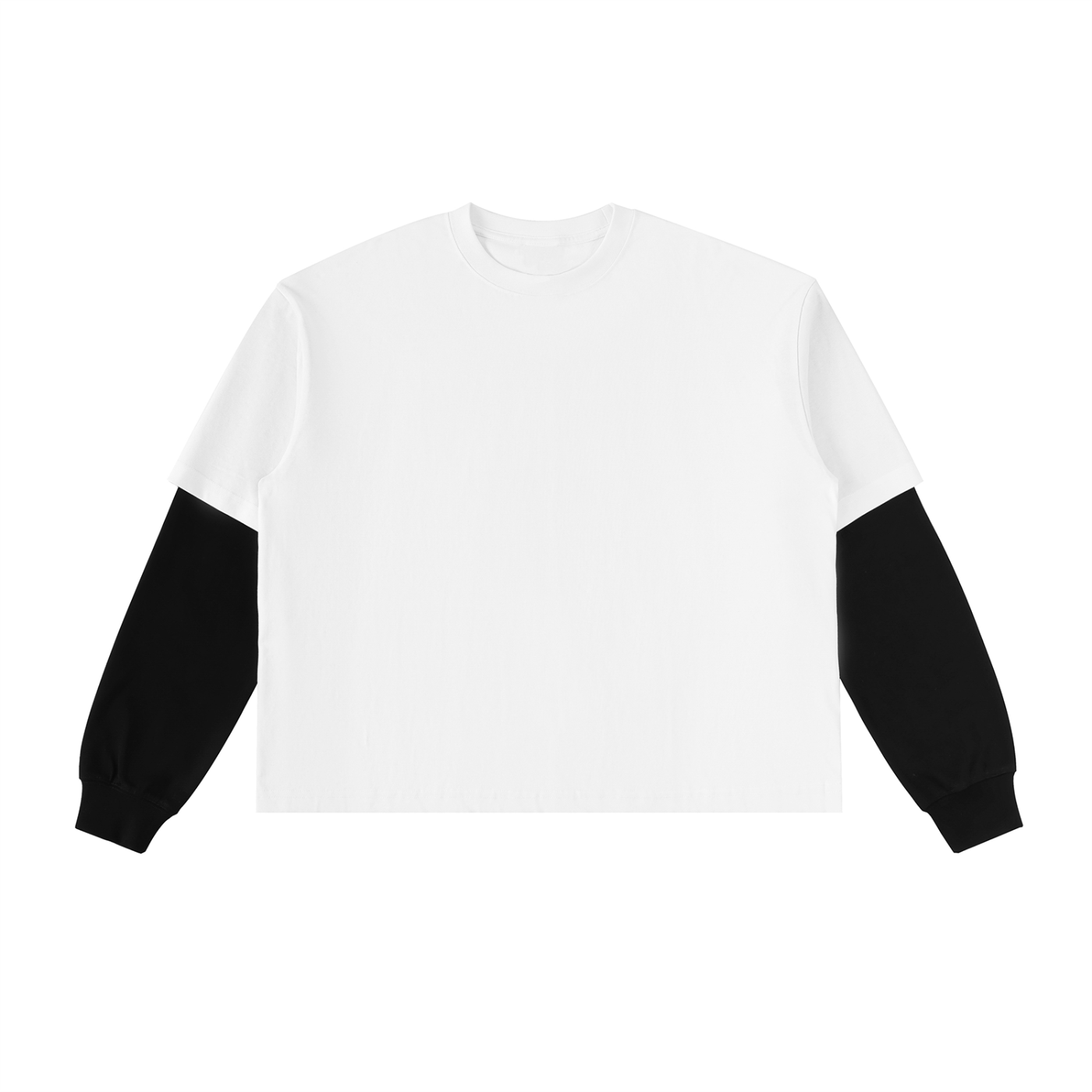 White sweatshirt with black sleeves on a white background