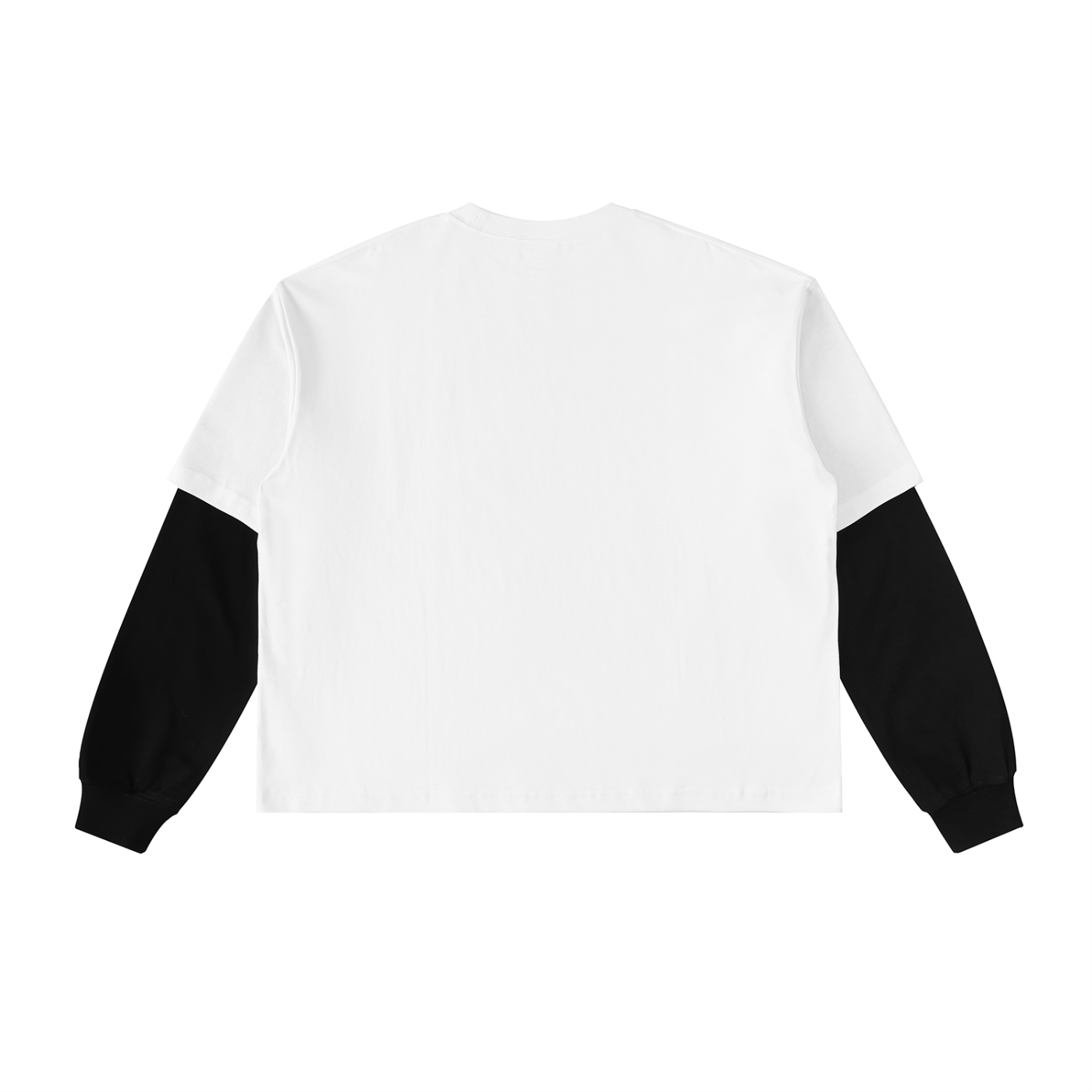 White sweatshirt with black sleeves on a white background