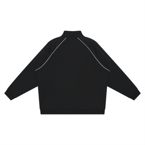 Black jacket with white piping on a white background