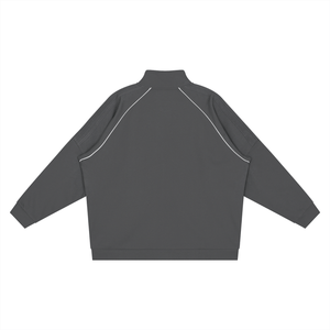 Gray jacket with white piping on a white background