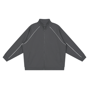 Dark gray jacket with white accents on a white background