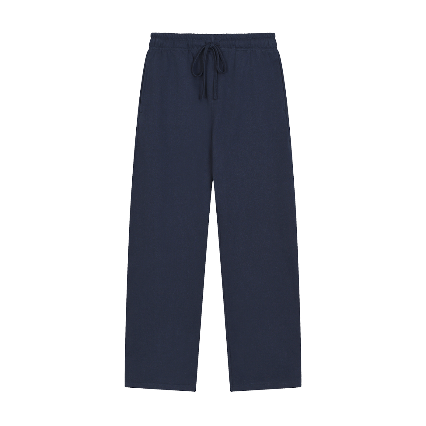 Navy blue pants with a drawstring on a white background