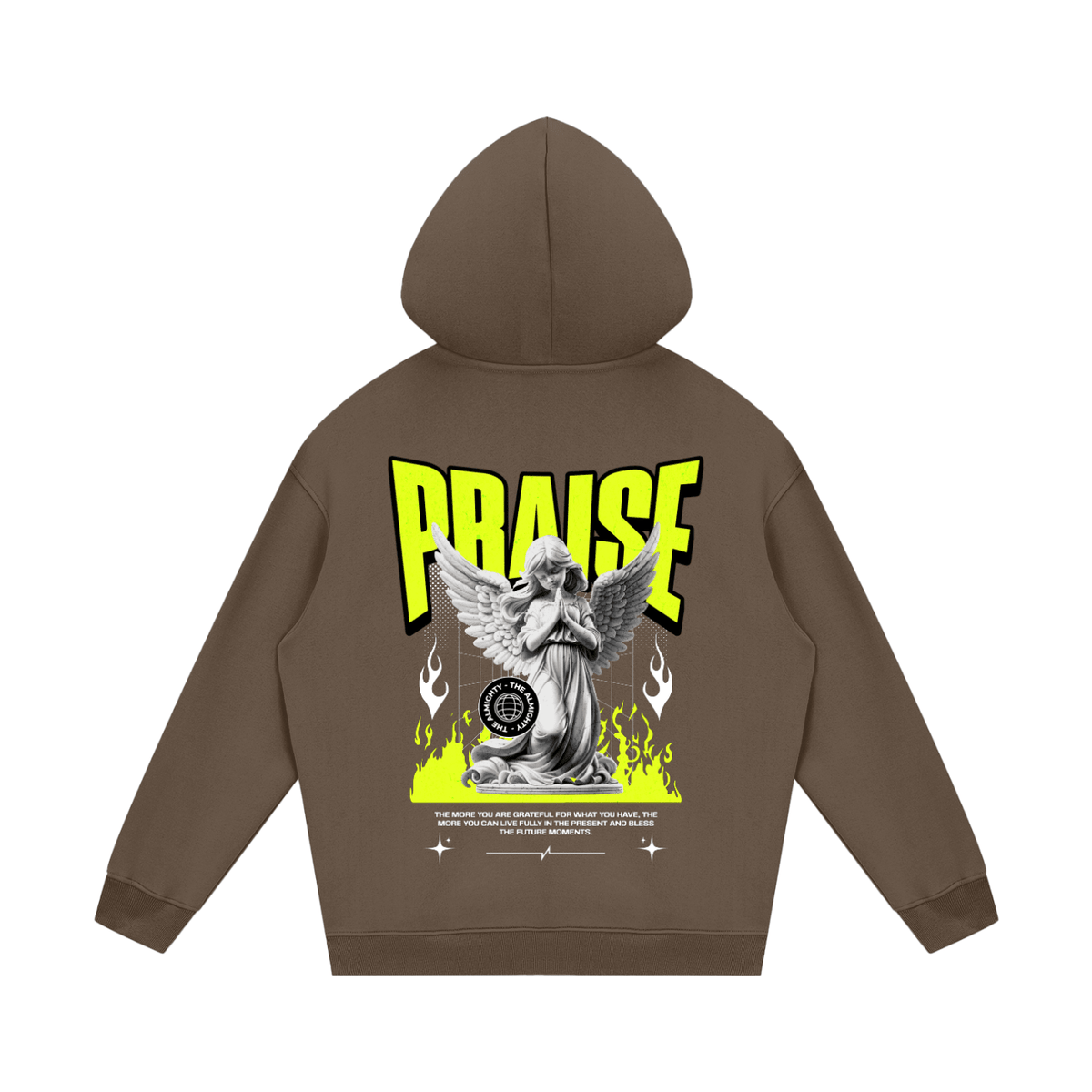 A brown pullover hoodie shown from the back, featuring a large graphic print with the word 'PRaise' in bright yellow, a winged angel statue, flames, and small text near the bottom.