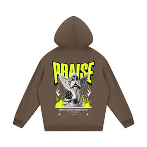 A brown pullover hoodie shown from the back, featuring a large graphic print with the word 'PRaise' in bright yellow, a winged angel statue, flames, and small text near the bottom.