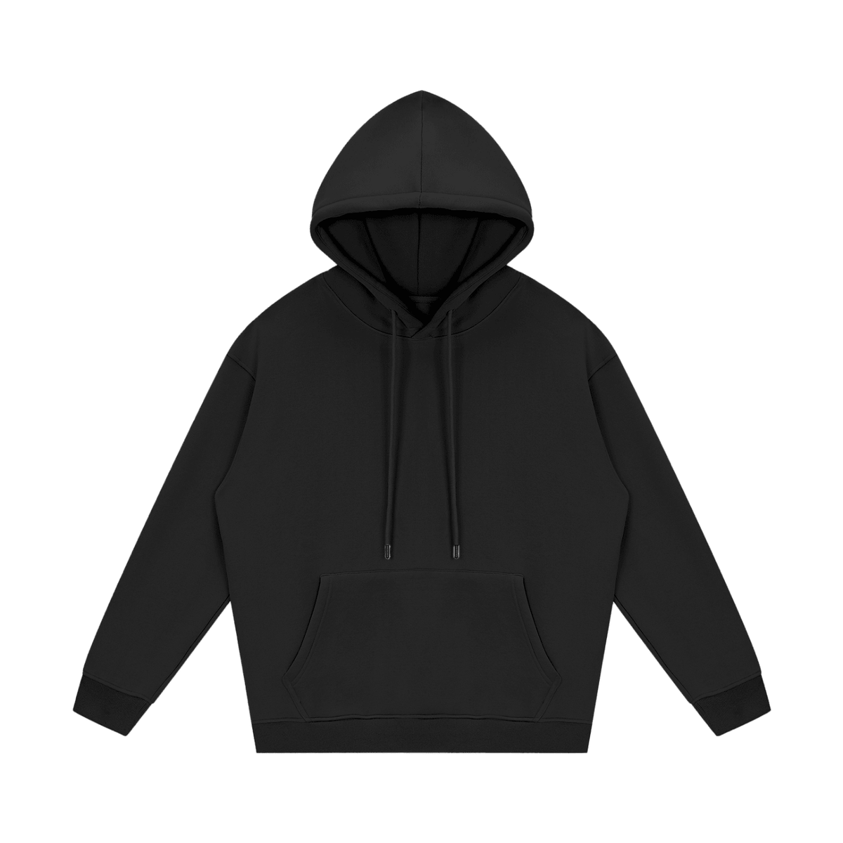 Black hoodie with a logo on the chest against a white background