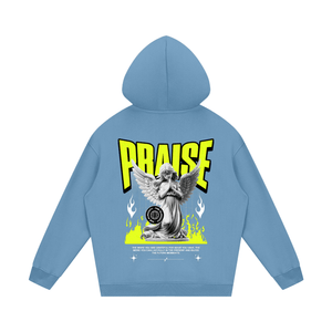 A light blue hoodie shown from the back, featuring a large graphic print with the word 'PRAISE' in bold yellow letters, a winged angel statue, and neon yellow flame accents on a white background.