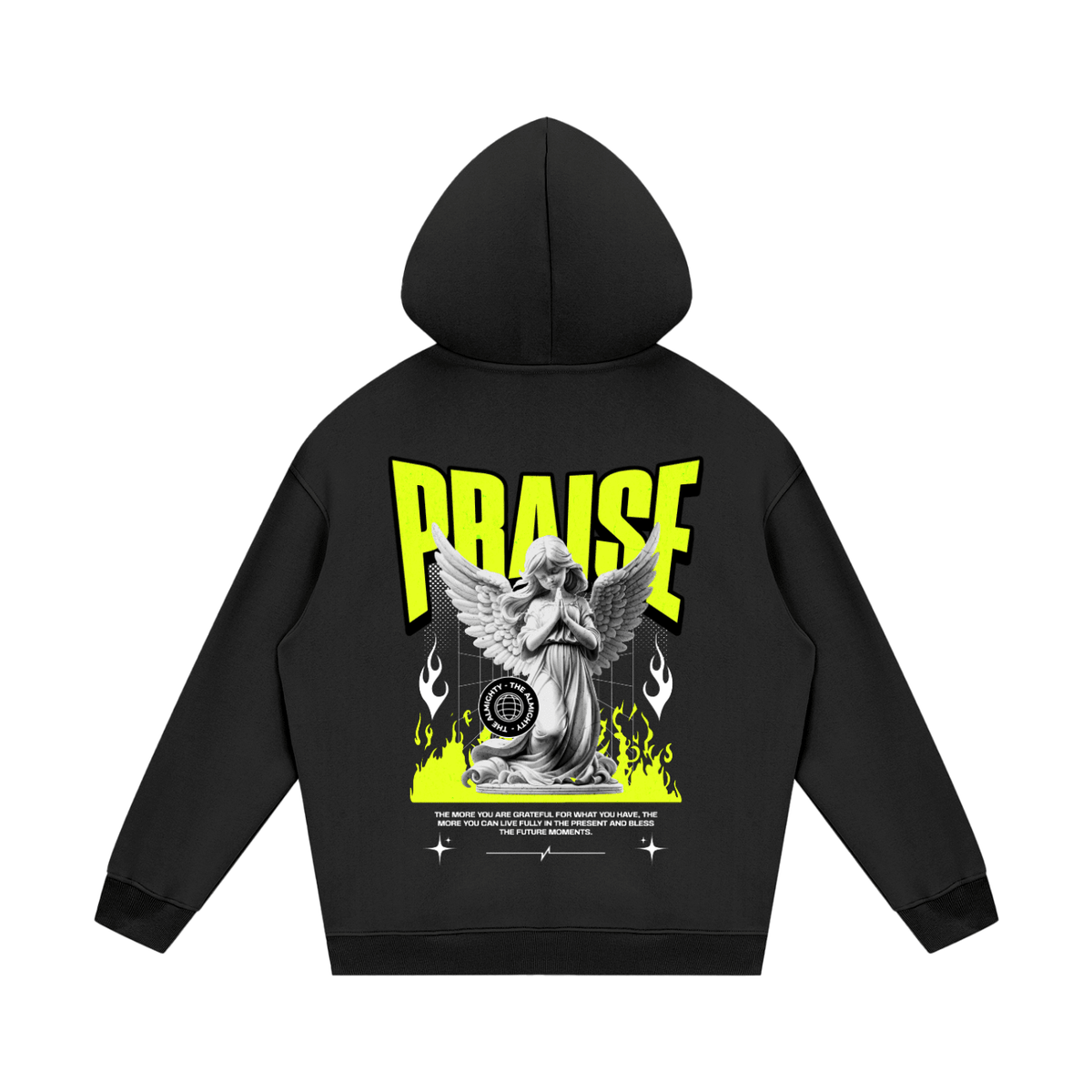 A black pullover hoodie shown from the back, featuring a large graphic print with the word 'PRaise' in bright yellow, a winged angel statue, flames, and additional text on a white background.