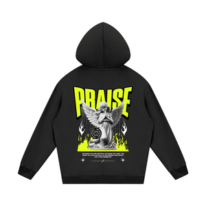 A black pullover hoodie shown from the back, featuring a large graphic print with the word 'PRaise' in bright yellow, a winged angel statue, flames, and additional text on a white background.