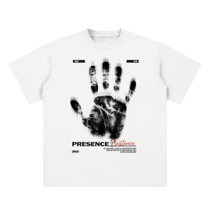White t-shirt with black handprint design and 'Presence Resistance' text on a white background