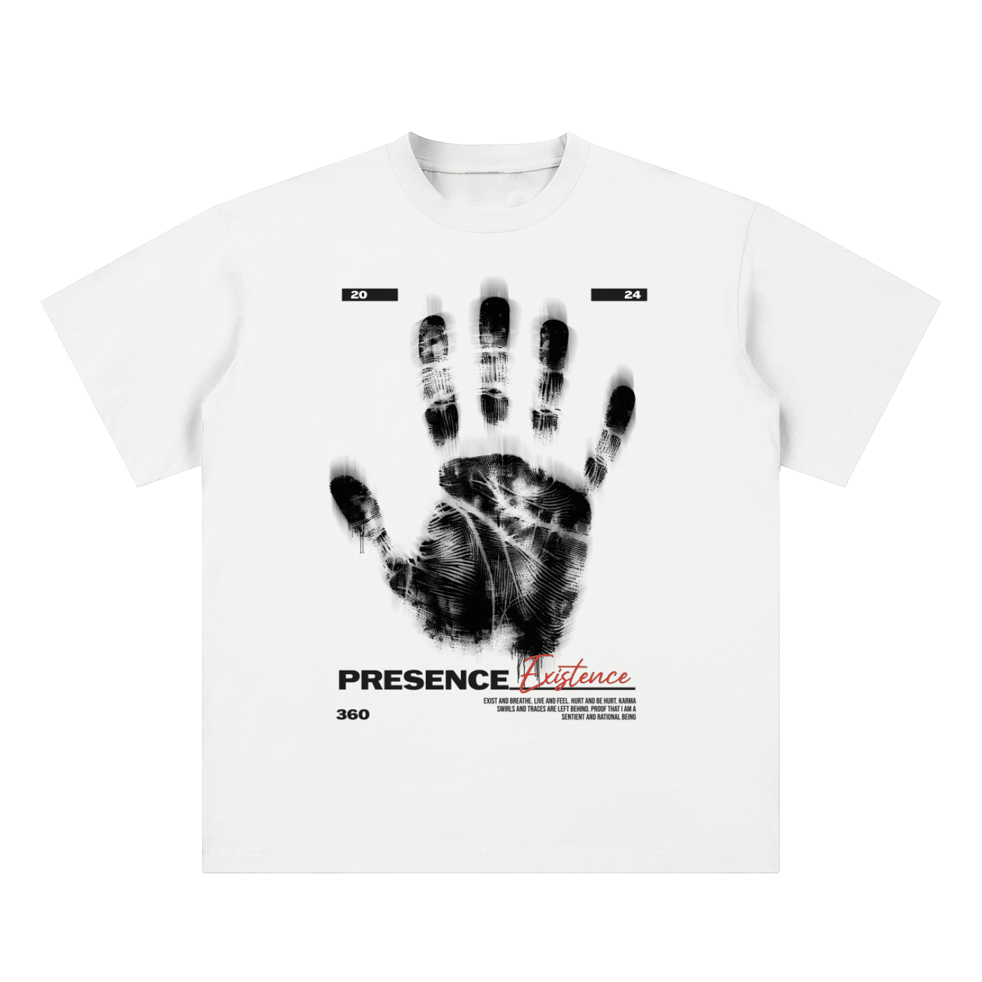 A white short-sleeve crewneck t-shirt featuring a large black handprint graphic on the front, with the text 'PRESENTENCE' in black and red script, and other small black text elements.