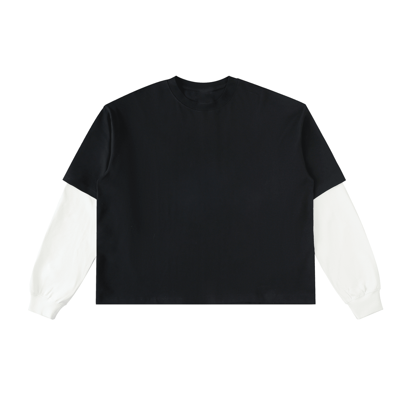 Black and white t-shirt with a small logo on a white background