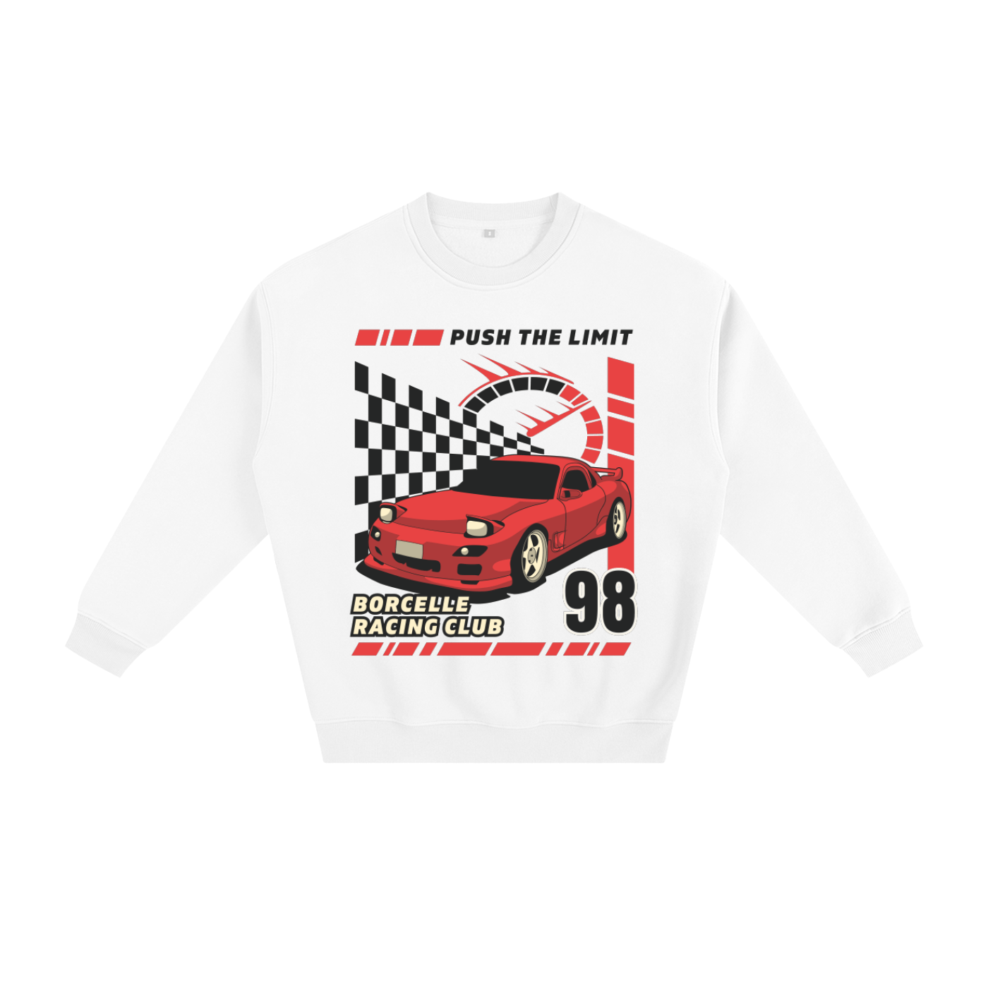 White sweatshirt with red car graphic and text on a white background