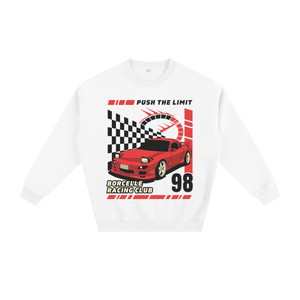 White sweatshirt with red car graphic and text on a white background