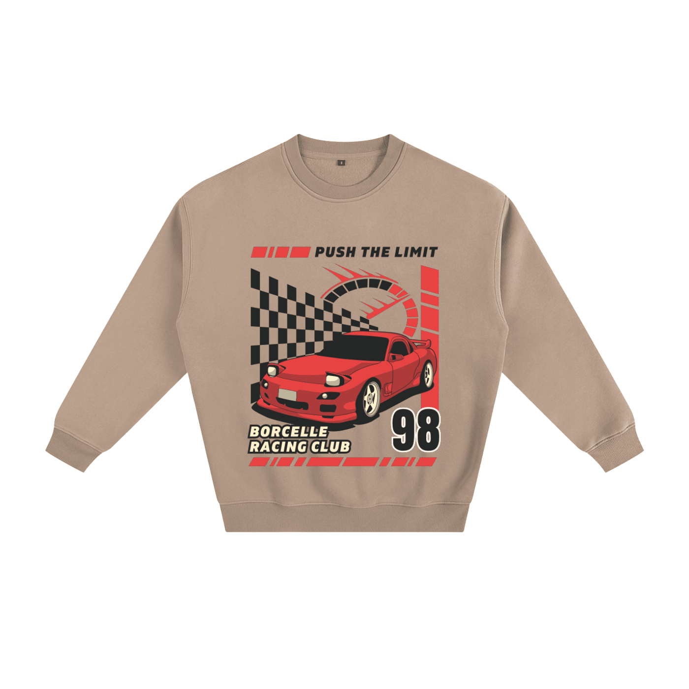 A beige crewneck sweatshirt featuring a graphic print of a red sports car, a checkered flag, a speedometer, and the text 'PUSH THE LIMIT', 'BORCELLE RACING CLUB', and '98'.