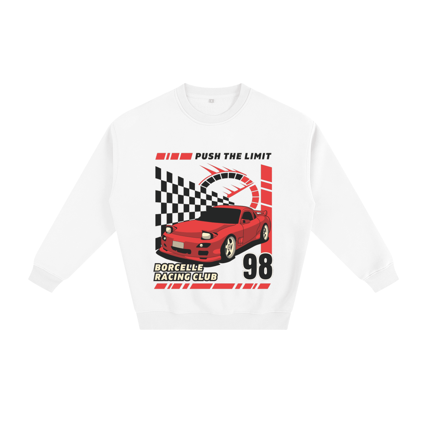 A white crewneck sweatshirt featuring a graphic print of a red sports car, a checkered flag, a speedometer, and racing text including 'PUSH THE LIMIT', 'BORCELLE RACING CLUB', and '98'.