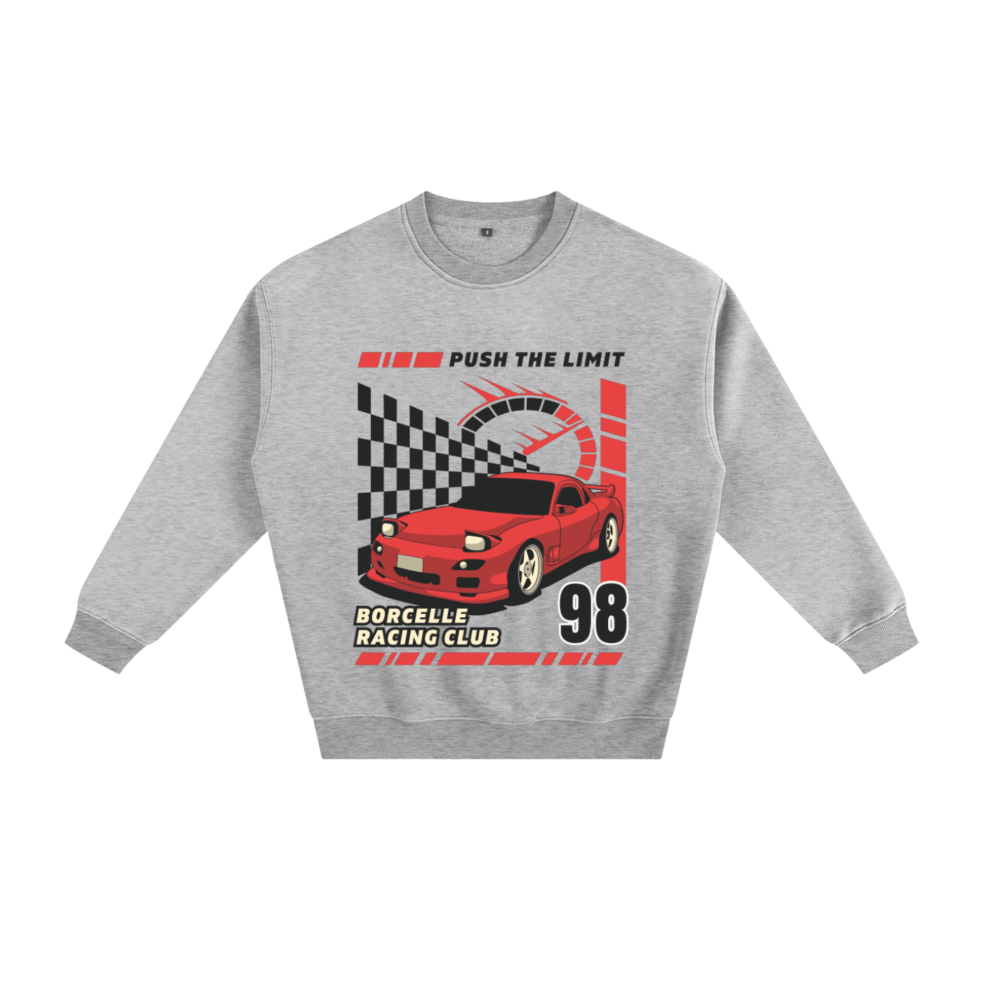 A heather gray crewneck sweatshirt featuring a red sports car graphic with a checkered flag, a speedometer, and the text 'PUSH THE LIMIT', 'BORCELLE RACING CLUB', and '98'.