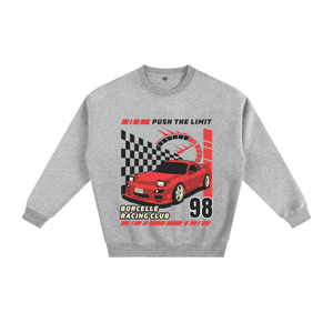 A heather gray crewneck sweatshirt featuring a red sports car graphic with a checkered flag, a speedometer, and the text 'PUSH THE LIMIT', 'BORCELLE RACING CLUB', and '98'.