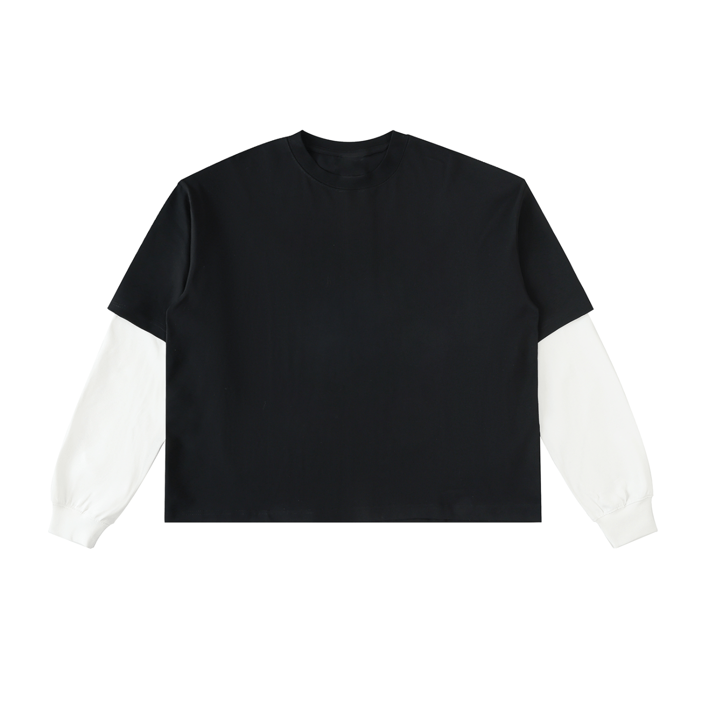 Black t-shirt with white sleeves on a white background