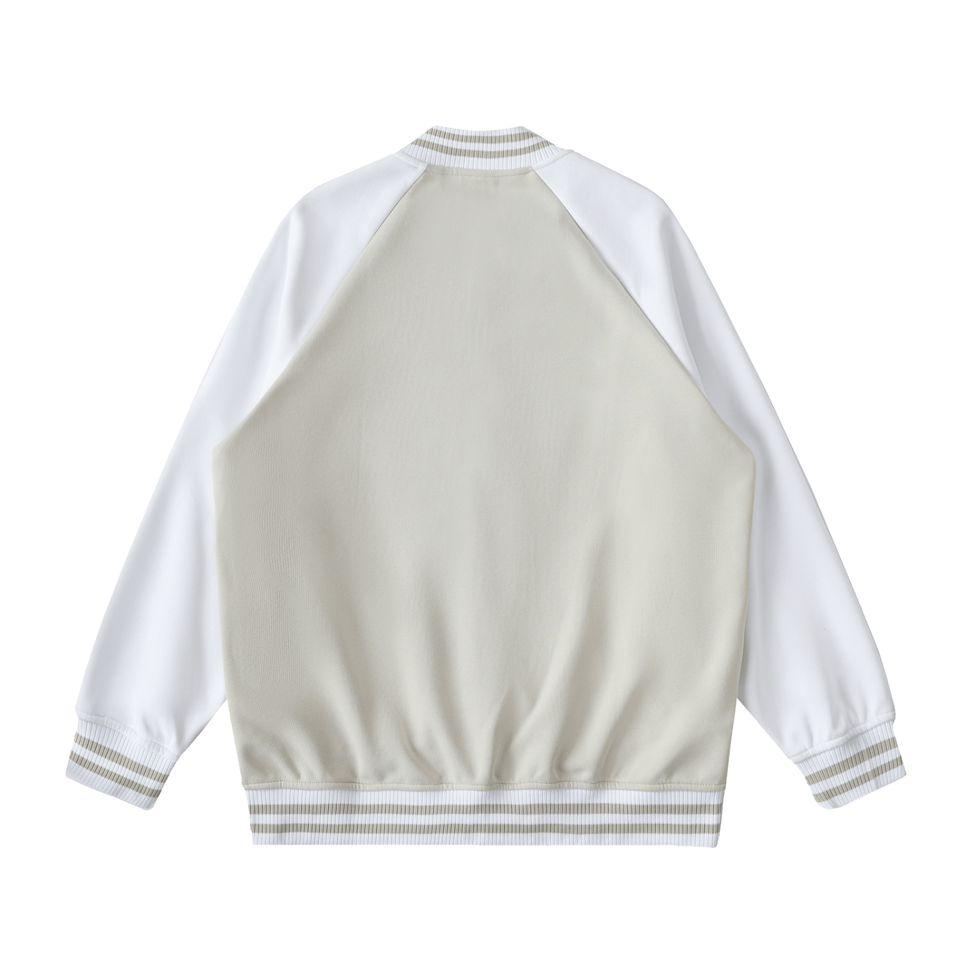 White and beige varsity jacket on a white background