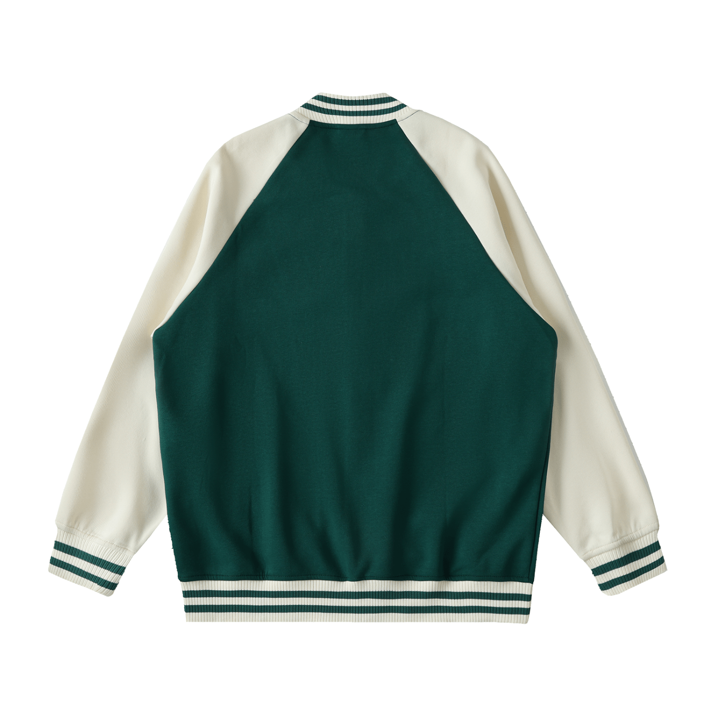 Green and white varsity jacket on a white background