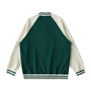 Green and white varsity jacket on a white background